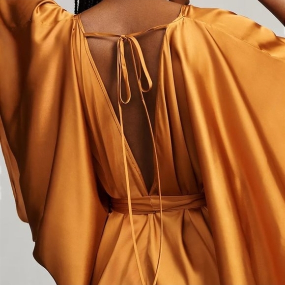 Anthropologie Satin Kaftan Tie Front Maxi Dress OS Adjustabe In Bronze NWT$200 - Picture 6 of 13